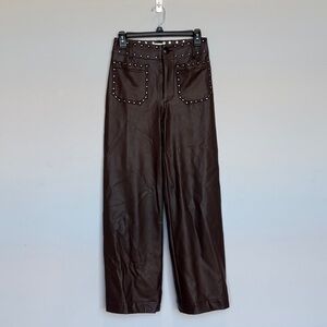 Maeve Dark Brown Leather Pants with Studded Detail